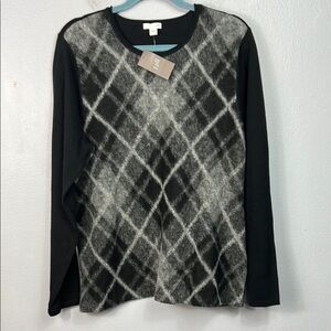 J. Jill New with Tag Wool Blend Black Gray Plaid Sweater Large